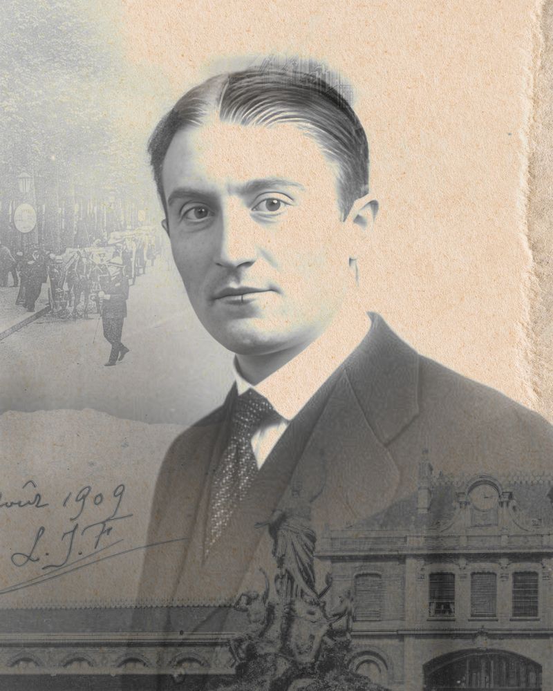 Portrait d'époque de Martin, avec en fond la gare de Vichy et la statue du Génie des Eaux